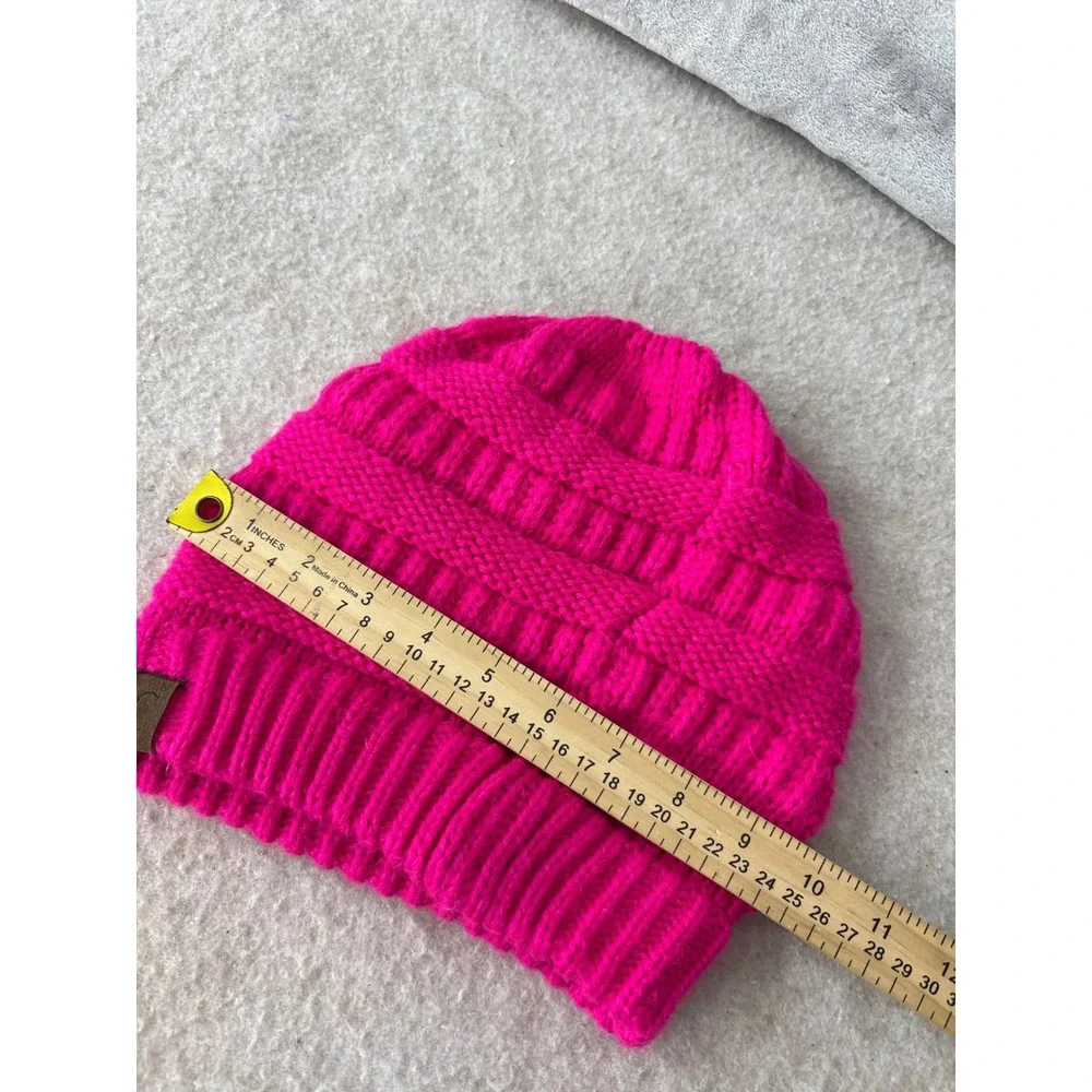 C.C Hot Pink Cable Knit Beanie Hat Ribbed Cuff Faux Leather Logo Patch 1563